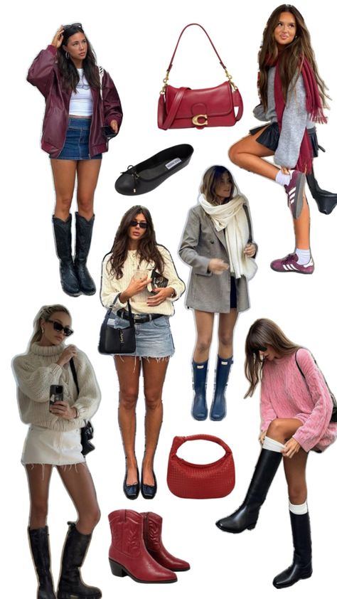 skirt outfit inspo boot inspiration red purses 90s Boots Outfits, Outfit Inspo Collage, Inspo Collage, Outfit With Boots, 90s Boots, Boots Outfits, 90s Outfit, Red Purses, 90s Grunge