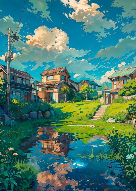 By the village pond 🌿 Pokemon Village, Minecraft Irl, Anime Village, Water Village, By The Lake, Beautiful View, Environment Concept Art, The Village, Fantasy World