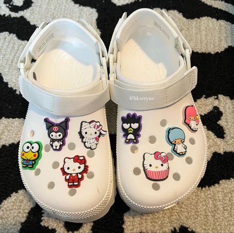 White Crocs Hello Kitty, Croc Charms Hello Kitty, Sanrio Croc Charms, Hello Kitty Croc Charms, Crocs With Hello Kitty Charms, Sanrio Crocs, Croc Fits, Hello Kitty Crocs, Sanrio Shoes