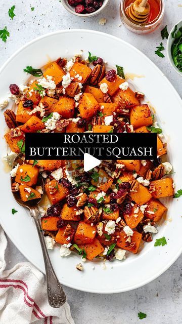 Maria Lichty | Two Peas & Their Pod on Instagram: "ROASTED BUTTERNUT SQUASH

Roasted butternut squash with crunchy pecans, sweet dried cranberries, creamy feta cheese, and a drizzle of hot honey. This simple and sophisticated side dish is perfect for Thanksgiving, Christmas, or served along side any meal.🧡

➡️ COMMENT the word SQUASH and I will DM you the clickable link to the the recipe! 

#butternutsquash #squash #side #sidedish #thanksgiving #hothoney#twopeasandtheirpod #recipe #huffposttaste #beautifulcuisines #theeverygirl" Hot Veggie Side Dish, Christmas Vegetable Dishes, Butternut Squash Cranberry, Butternut Squash Recipes Healthy, Butternut Squash Side Dish, Roasted Butternut Squash Cubes, Butternut Squash Roasted, Squash Roasted, Butternut Squash Casserole