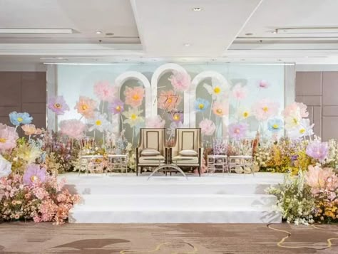 Giant Flower Backdrop, Pastel Wedding Theme, Nikah Decor, Flower Backdrop Wedding, Reception Backdrop, Wedding Background Decoration, Wedding Reception Backdrop, Garden Wedding Reception, Dream Wedding Decorations