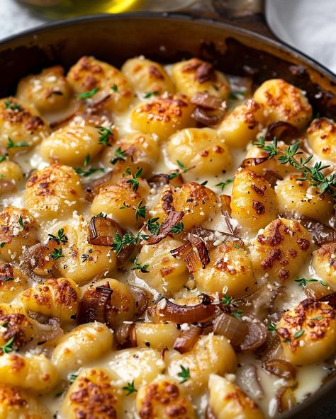 A perfect blend of soft gnocchi and gooey cheese! Gnocchi with Caramelized Onions and Gruyère Visit website for full recipe at https://northeastnosh.com/f/gnocchi-with-caramelized-onions-and-gruy%C3%A8re #northeastnosh #gnocchirecipe #caramelizedonions #gruyerecheese #comfortfood #easyrecipes #weeknightdinner #foodblogger #recipeoftheday #homemadefood #cookingathome #delicious #cheesygnocchi #onepanmeal #skilletrecipes #thymeflavor Sharing Dinner Ideas, Italian Winter Food, Last Minute Dinner Ideas Quick And Easy, Autumn Recipes Dinner Comfort Foods, Soft Dinner Ideas, Gnocchi Mac And Cheese, Cheese Gruyere, Gnocchi With Bacon, Cheese Gnocchi