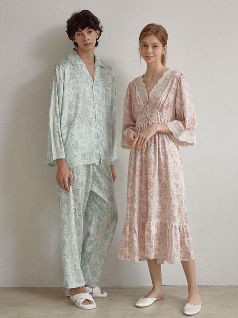 Couple pajamas set in floral pattern in satin fabric. Man's long-sleeved shirt with a resort collar, buttons at front, gently dropped shoulders, and an open chest pocket. Pants with covered elastic at waistband. Woman's nightgown in calf-length, lace-trimmed V-neckline, wide three-quarter sleeves, and a gently ruffled hem. Unlined.- Couple pajamas- A-line- Midi- Three-quarter sleeve Pajamas Photoshoot, Pajama Pattern, Couple Pajamas, Golden Years, Women's Nightgowns, Matching Pajamas, Pajamas Set, Pocket Pants, Three Quarter Sleeves