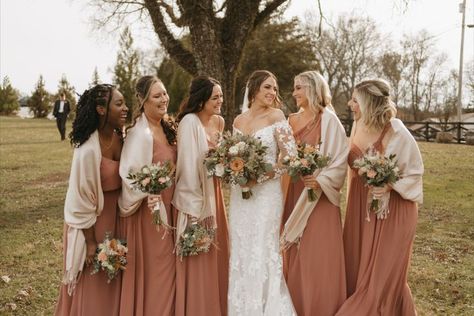 Wedding Bride And Bridesmaids, Outdoor Wedding Bride, Desert Rose Bridesmaid, Colorful Wedding Flowers, Rose Bridal Bouquet, Grey Bridesmaids, Rose Bridesmaid Dresses, Bride And Bridesmaids, Birdy Grey