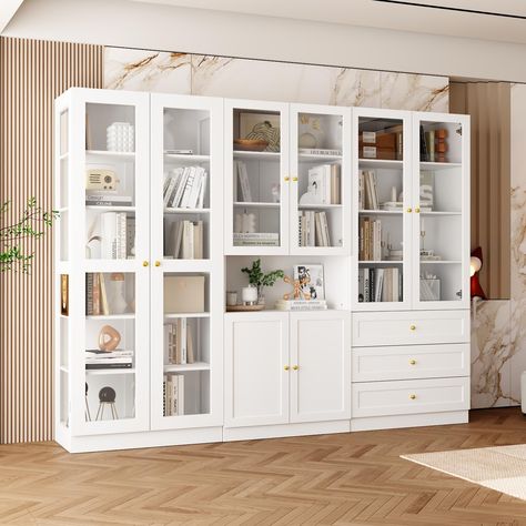 PRICES MAY VARY. DIMENSIONS & LARGE STORAGE SPACE: Overall dimensions: 94.5”L x 15.7”W x 70.9”H. The shelves, doors and drawers can store many items, the transparent glass doors can show your collections perfectly, you can also add LED light strip in the cabinet to create more fun MODERN ORGANIZER: This tall bookcase with glass doors offers a nice looking space to store & display your collections, it is suitable for almost kinds of decorative styles DURABLE BOOKCASE: This bookshelf is crafted fr Cabinet With Glass Doors Display, Bookshelf With Glass Doors, Hemnes Bookcase, Home Office White, Elegant Home Office, Glass Bookcase, Cabinet For Living Room, Tall Bookshelves, Bookcase With Glass Doors