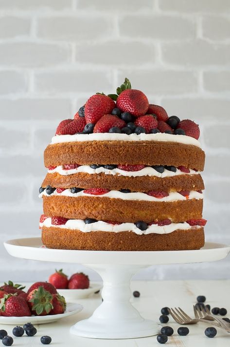 Vanilla and Fresh Berry Naked Cake - 4 layer vanilla cake filled with fresh berries! 16 Cake, French Patisserie, Bread And Butter Pudding, Berry Cake, Layered Cake, Cupcake Cake, Cake Frosting, Food Cakes, Sweets Desserts