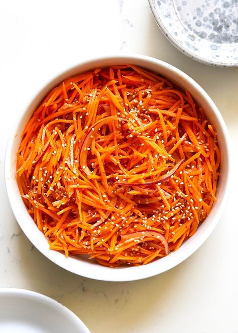 Spicy Korean Carrot Salad, Better than the One Trending on TikTok? - The Delicious Life Spicy Korean Carrot Salad, Carrot Salad Aesthetic, Carrot Rappe Recipe, Quick Carrot Recipes, Carrot Sesame Salad, Pickled Carrot Salad, Thai Carrot Salad, Korean Carrot Salad Recipe, Korean Pickled Carrots