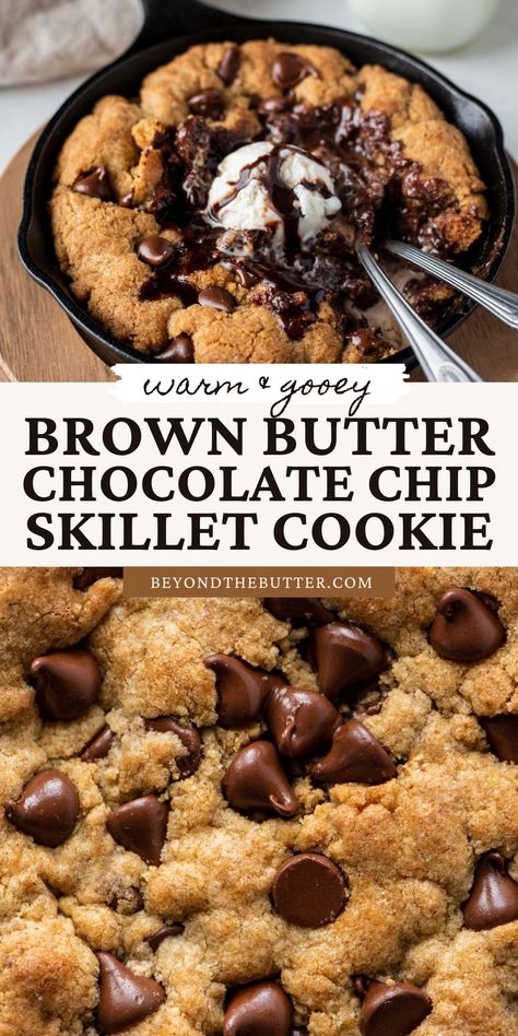 Skip making a whole batch of cookies and instead make this warm, gooey Brown Butter Chocolate Chip Skillet Cookie that's perfect for up to 4 people! Made in a 6.5 inch cast iron skillet, it's nutty, aromatic flavors from the browned butter and rye flour paired with semi-sweet chocolate chips, make this quick and easy treat absolute perfection! Recipe on BeyondtheButter.com #chocolatechipcookies #beyondthebutter #chocolatechipcookieskillet #skilletcookie #smallbatchrecipes Skillet Cookie Cast Iron 6 Inch, Small Cookie Skillet Recipe, Small Skillet Cookie, Pazooki Recipes, Cast Iron Chocolate Chip Cookie, Pazookie In Cast Iron, Cast Iron Cookie Recipe, Skillet Cookie Cast Iron, Skillet Recipes Dessert