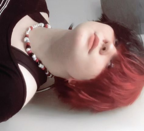 alternative boy with split red and black hair sideways photo Half Black Half Red Hair Short, Short Split Dyed Hair With Bangs, Black And Red Split Dye Short Hair, Dark Red And Black Split Dye, Egirl Hair Strands Red, Emo Boy Hair, Short Dyed Hair, Girl Short Hair, Cute Hairstyles For Short Hair