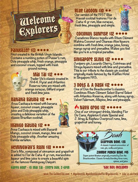 The Golden Tiki Specialty Coctails and Mugs Menu, Tiki Bar Las Vegas Brugal Rum, Blue Hawaii Cocktail, Tiki Drink, Tropical Cocktails, Tiki Bar Decor, Tiki Lounge, Happy Hour Drinks, Tiki Cocktails, Tiki Drinks