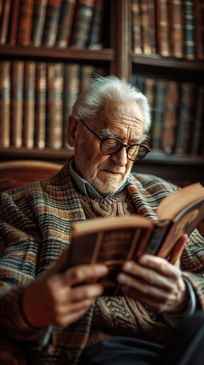 An elderly gentleman immersed in a fascinating book, in a cozy room surrounded by bookshelves. Male Academic Aesthetic, Academic Headshots, Old People Portraits, Old Man Aesthetic, Old Library Aesthetic, Old Man Reading, Old Man Portrait, Men's Portrait Photography, Academic Aesthetic