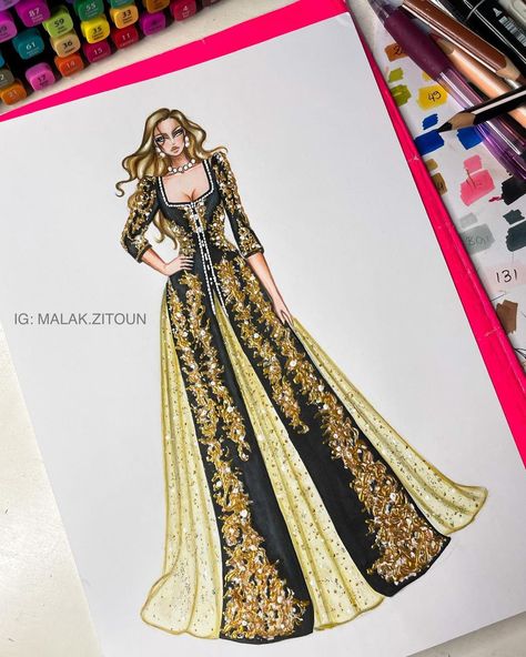 Traditional Algerian dress , in love with those details @houitacreation . . . . . . . . . . #caftan #caftans #kaftan #kaftanalgerien… | Instagram Fashion Designer Drawing, Dress Illustration Design, Dress Illustration Art, Algerian Dress, Indian Embroidery Designs, Illustrations Fashion, Celebrity Style Dresses, Dress Illustration, Hand Drawing Reference