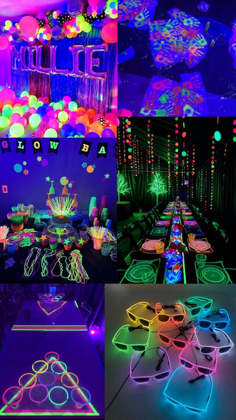 Neon Birthday Party Decorations, Dark Birthday Party, Glow In The Dark Birthday, Neon Glow Party, Dark Birthday, 14th Birthday Party Ideas, Music Theme Birthday, 18th Birthday Party Themes, Glow In Dark Party