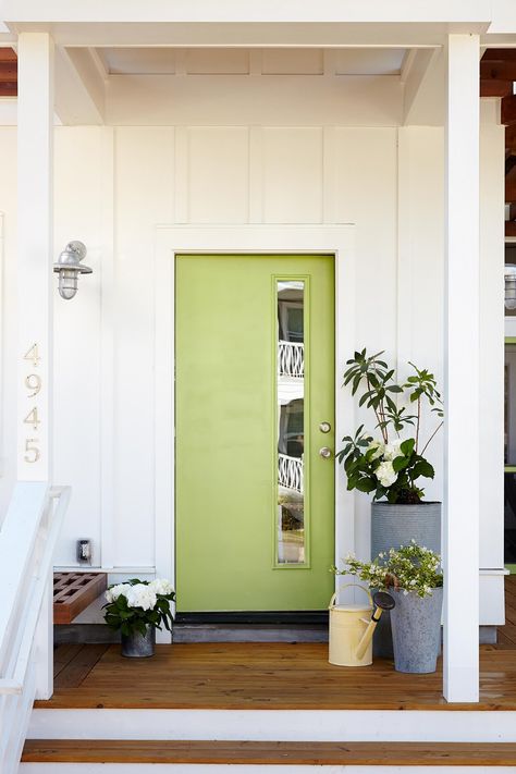 white-exterior-green-door-99d70ea2 Bright Green Door, Bright Front Door Colors, Front Porch Seating Ideas, Bright Front Doors, Green Front Door, Green Front Doors, Iron Entry Doors, Front Door Paint Colors, Door Colors