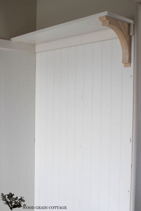 Mudroom Built- In Shelf - The Wood Grain Cottage Corbel Shelf Diy, Mud Room Hooks And Shelf, Beadboard Shelf, Mudroom Shelf, Shelf With Corbels, Beadboard Wall, Mudroom Makeover, Corbel Shelf, Laundry Room Remodel