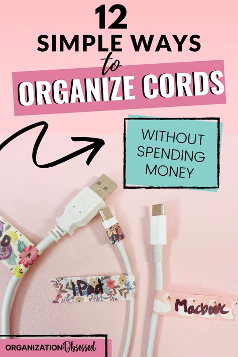 Organize cords and cable easily with these 12 cord clutter tips. These simple ways to organize cords will help you organize all your cords fast and even for free! Don't miss these budget friendly organizing ideas and organizing tips! Office Cord Organization, Label Cords Organizing Ideas, How To Label Charger Cords, Electronic Cord Storage Ideas, Organizing Electronics Cords, Organize Charging Station, Charging Cord Storage, Electrical Cord Storage Ideas, How To Store Extension Cords