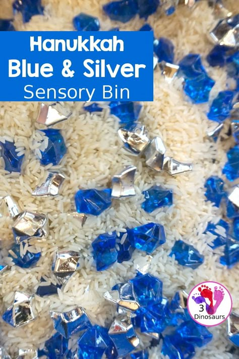 Hanukkah Blue & Silver Sensory Bin Hannukah Crafts, Hanukkah Activities, Sensory Seeking, Hanukkah Activites, Hanukkah Ideas, Hanukkah For Kids, Science For Toddlers, 3 Dinosaurs, Motor Art