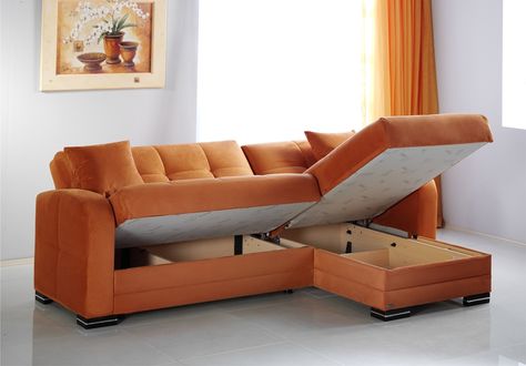 A rainbow orange sectional with storage by Istikbal Kubo. Small Sectional Sleeper Sofa, Modern Sectional Living Room, Small Apartment Couch, Small Sofa Bed, Microfiber Sectional Sofa, Couches For Small Spaces, Small Sectional Sofa, Sofa Inspiration, Cool Couches