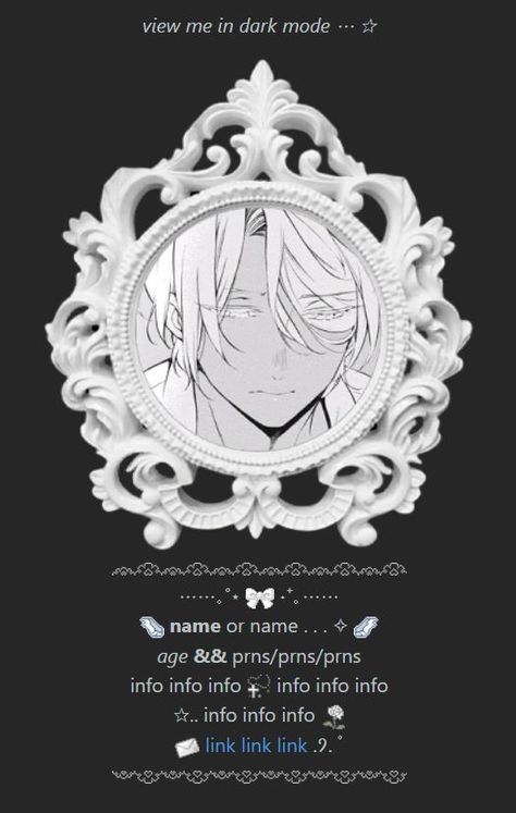 free rentry template (dark mode) of noe from vanitas no carte. click image for the link! PLS DONT REMOVE CREDIT. feel free to make suggestions/requests who i make next but no promises. Rentry Template, No Promises, Vanitas No Carte, Dark Mode, Instagram Bio, Fluttershy, Cool Watches