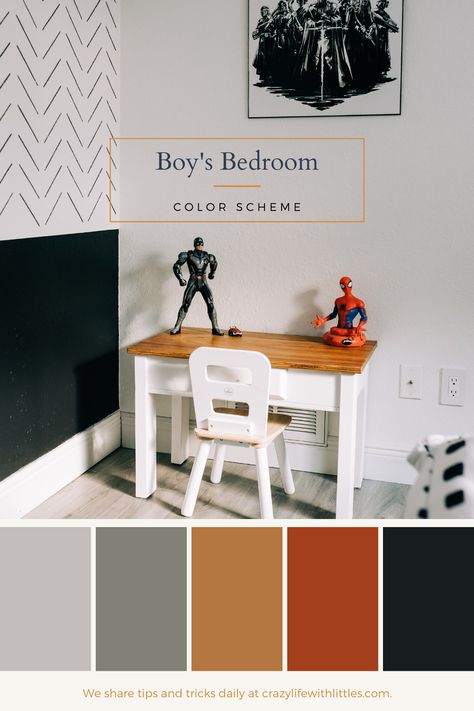 Boys Bedroom Color Palette, Boys Orange Bedroom Ideas, Toddler Boy Room Colors Schemes, Elementary Boy Bedroom, Boy Room Color Palette, Neutral Superhero Bedroom, Boys Room Paint Ideas Color Schemes, Boys Room Color Palette, Colours That Go With Black