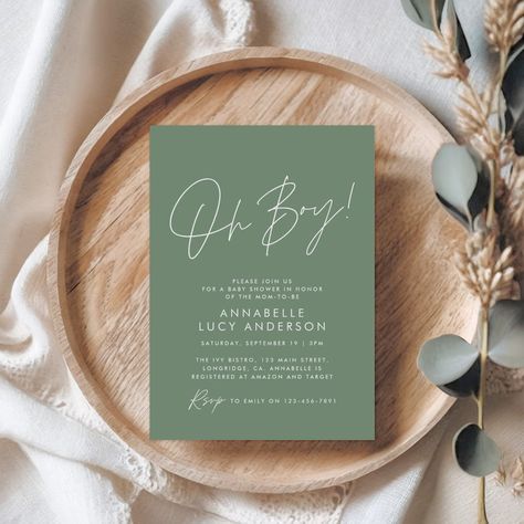 Boy baby shower script modern sage green elegant  invitation Gender Neutral Invitations, Baby Boy Invitations, Minimal Typography, Gender Neutral Baby Shower Invitations, Green Baby Shower, Elegant Baby Shower, Party Invite Design, Party Stationery, Baby Shower Supplies