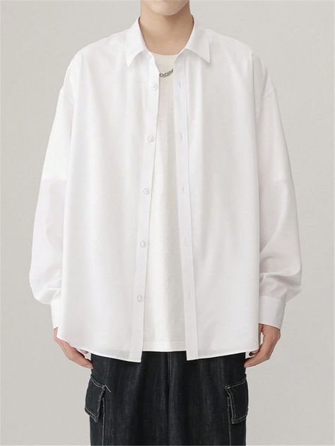 Men's Solid Color Loose Fit Drop Shoulder Long Sleeve Casual Dress Shirt, Spring & SummerI discovered amazing products on SHEIN.com, come check them out! White Shirt And Blue Jeans, Plain White Shirt, Casual Dress Shirt, Drop Shoulder Shirt, White Shirt Men, People Clothes, Plain Shirt, Long Sleeve Casual Dress, Summer White