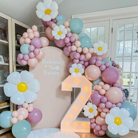 Groovy Balloon Arch, Two Groovy Birthday Party, Boho First Birthday, Candy Balloons, Two Groovy, First Birthday Balloons, Daisy Party, Decorations Balloons, Pastel Balloons