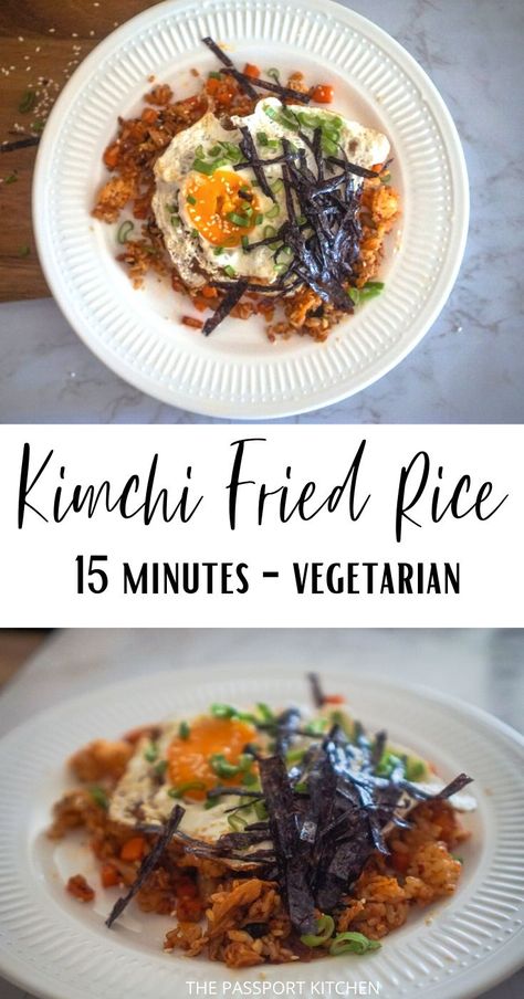 This vegetarian kimchi fried rice is a delicious 15 minute meal! This easy fried rice recipe is great with leftover rice. Enjoy this Korean kimchi fried rice as a main dish with a fried egg on top or as a side dish. Vegan without the egg, or add protein of your choice. Vegetarian Kimchi, Easy Fried Rice, Fried Rice Recipe Easy, Korean Kimchi, Kimchi Fried Rice, Korean Recipes, Vegetarian Salads, Leftover Rice, Cooked Veggies