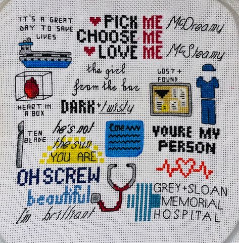 "INSTANT DOWNLOAD PDF CROSS STITCH PATTERN  Love Greys Anatomy? Stitch up this pattern for yourself or as a gift. Features well-known items from the show, like \"McDreamy and McSteamy\", \"You're my person\", the hospital logo, heart in a box, \"dark and twisty\", \"It's a great day to save lives\" with a ferry boat, and more. DOWNLOAD: 1 page pattern (ideal for tablets) and multi-page pattern (ideal for printing) with symbols over colors and in black and white. Easy to read grid in symbols over color - print or use digitally. DMC floss usage < 1 skein per color - great for scraps! Design size: 100 x 100 st 14 ct: 7 x 7 \" | 18 x 18 cm 16 ct: 6.3 x 6.3 \" | 16 x 16 cm 18 ct: 5.6 x 5.6 in | 14 x 14 cm  New to cross stitch?  This starter kit has everything you will need: amzn.to/2Uo9l73 If y Greys Anatomy Cross Stitch, Cross Stitch Medical, Mcdreamy And Mcsteamy, Medical Cross Stitch, Tv Show Cross Stitch, Medical Cross, Counted Cross Stitch Patterns Free, Geeky Cross Stitch, Hospital Logo