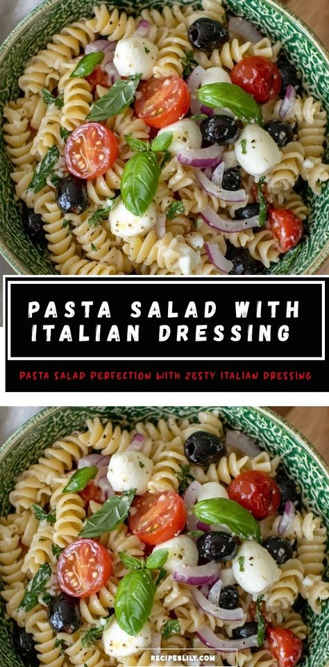 I love this Pasta Salad with Italian Dressing! It’s a colorful mix of rotini pasta, cherry tomatoes, black olives, and fresh mozzarella—all tossed together with a zesty Italian dressing. Perfect for picnics or quick lunches, this dish is sure to become a favorite! Italian Dressing Pasta, Pasta Cherry Tomatoes, Tri Color Pasta Salad, Pasta Salad With Italian Dressing, Italian Dressing Pasta Salad, Italian Dressing Recipe, Delicious Pasta Salad, Tri Color Pasta, Italian Dressing Recipes