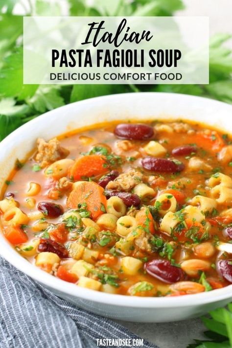 Pasta Fagioli Sausage, Football Sunday Soups, Pasta Fazul Soup, Pasta Fagioli Authentic, Italian Soups, Creamy Beans, Italian Stew, Italy Recipes, Pasta Sausage