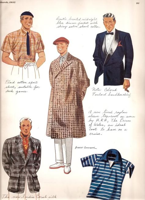 Esquire Fashion plates - March 1935 from casual to sporty to full formal. 1930s Menswear, 1940s Mens Fashion, 1930s Men, Supplemental Income, Mens Fashion Vintage, Vintage Menswear, Mens Fashion Illustration, 30s Fashion, Vintage Mens Fashion