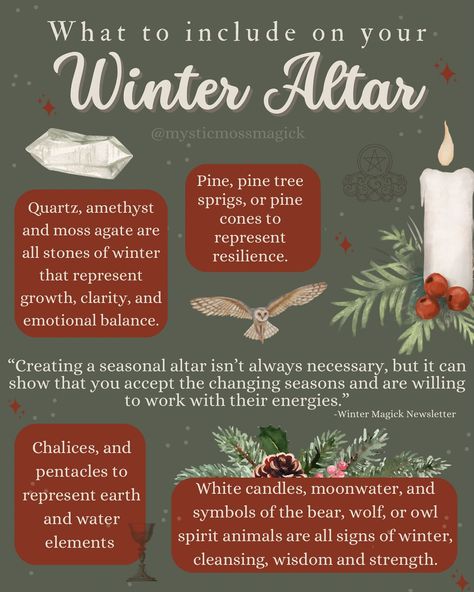 Winter has many associated correspondences, from herbs, elements, foods, and colors, it is easy to personalize your altar for this season. When considering the holidays like Yule and Christmas, and the energies associated with winter activities, it becomes easier to decide which tools and items should be in your sacred collection. Winter is represented by the element earth, the pentacles in tarot, moonstone, quartz and labradorite crystals, animals like the bear, the white owl, and red cardin... January Alter Ideas, January Altar Ideas, Yule Herbs, Yule Tarot, Winter Altar, Daily Witchcraft, Witchy Holidays, Witchy Winter, Wicca Holidays