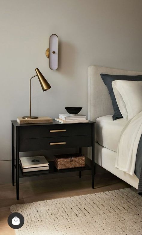 Bedroom Ideas Black Nightstand, Bedroom With Black Side Tables, Black Bedside Table Decor, Men’s Night Stand, Bedside Table Lamps Bedrooms Mid Century, Men’s Nightstand, Bedroom Side Table Ideas Modern, Mens Bedside Table Styling, Black Night Stands Bedroom