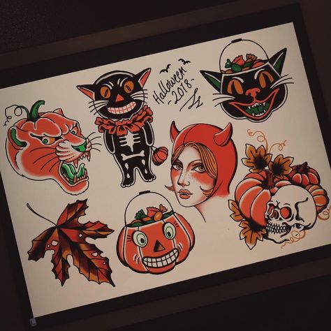 Halloween tattoo flash sheet Traditional Halloween Cat Tattoo, Vintage Jackolantern Tattoo, Pumpkin Trad Tattoo, Traditional Autumn Tattoo, Halloween 3 Season Of The Witch Tattoo, Autumn Flash Tattoo, Halloween Tattoo Traditional, Vintage Halloween Tattoo Ideas, Traditional Tattoos Halloween