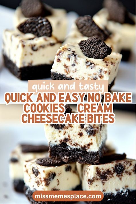 Looking for a quick and easy dessert? These no-bake Cookies & Cream Cheesecake Bites are your answer! With just a handful of ingredients, including cream cheese, granulated sugar, and chocolate sandwich cookies, you can whip up these delightful treats in no time. Perfect for busy days or surprise guests, these cheesecake bites chill in the fridge to create a creamy, dreamy dessert that everyone will love. Make your gatherings special with this simple yet scrumptious recipe! Easy No Bake Cookies, Cheesecake Bites Recipe, Cookies And Cream Cheesecake, Cream Cheesecake, Cream Cheese Desserts, Dessert Bites, Chocolate Sandwich, Chocolate Sandwich Cookies, Mini Muffin Pan