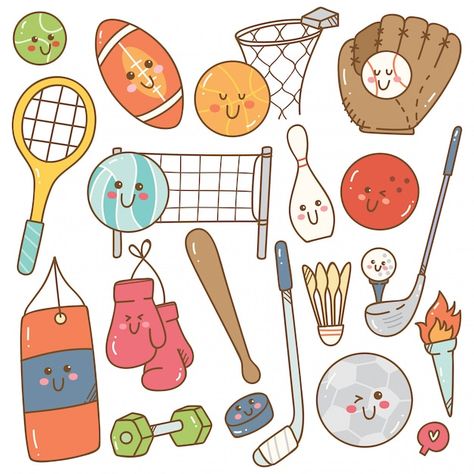 Sports Easy Drawing, Sports Drawing, Sports Drawings, Zestaw Ikon, Sport Equipment, Stickers Kawaii, Sport Illustration, Kawaii Style, Style Sport