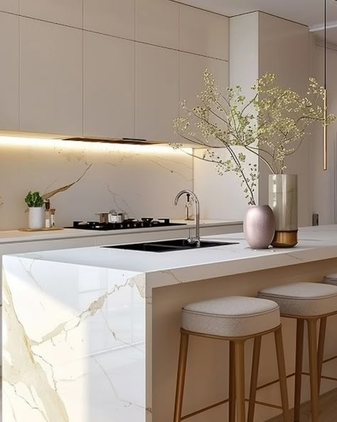 Kitchen Open To Living Room, Beautiful Kitchen Countertops, White Kitchen Interior Design, White Kitchen Interior, White Marble Kitchen, Sleek Kitchen, Modern Kitchen Interiors, White Kitchen Design, House Design Kitchen