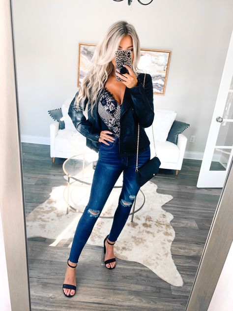 Body Suit Date Night Outfit, Body Suit And Jacket Outfit, Date Night Bar Outfit, Leather Jacket Outfit Going Out, Night Out Outfit 30s Going Out, Night Out On The Town Outfit, Women’s Going Out Outfits, Out On The Town Outfits Night, Comedy Show Outfit Night Spring