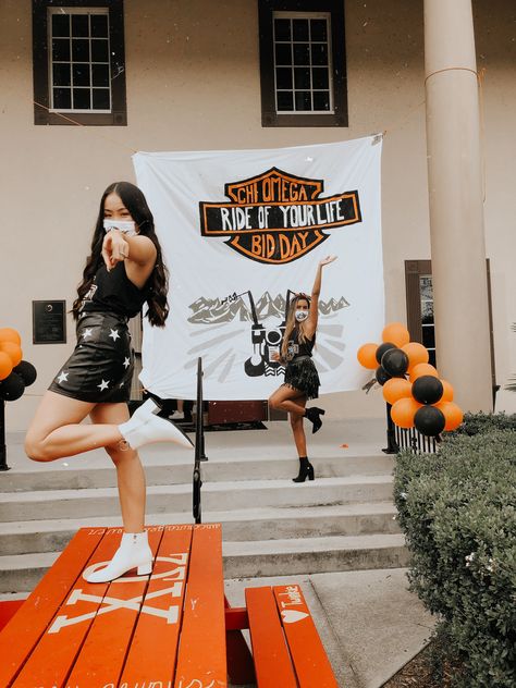 Harley Davidson Bid Day Theme, Race Car Sorority Theme, Sorority Bid Day Themes, Spring Recruitment, Sorority Themes, Recruitment Themes, Race Car Themes, Social Themes, Sorority Bid Day