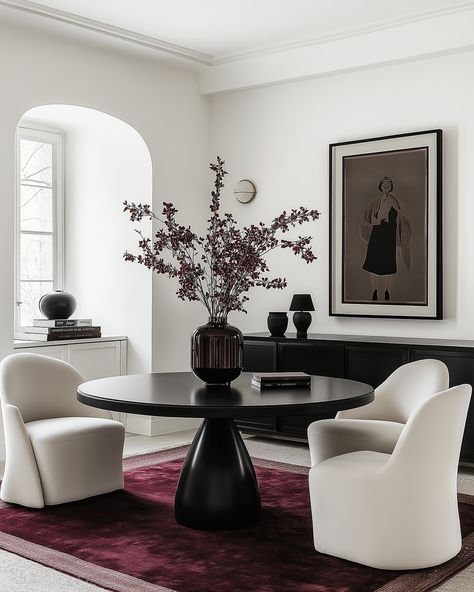 These stunning interiors show how a deep burgundy accent can transform a space.🤌🏻🍷 The rich velvet chairs and pillows pop against the soft neutrals, creating a perfect balance of warmth and sophistication. The dark red details, from the lush upholstery to the elegant rugs, bring a sense of depth and elegance without overpowering the minimalist design. Paired with sleek black furniture and subtle art pieces, the space feels both modern and timeless.✨ #minimalistinterior #minimalisthome #mi... Elegant Rugs, Burgundy Living Room, Neutral Contemporary, Velvet Chairs, Apartment Dining Room, Dinning Room Design, Red Details, Apartment Projects, Soft Winter