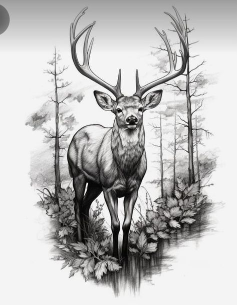 Deer Standing Drawing, Deer And Turkey Track Tattoo, Realistic Deer Drawing, Sleves Western Tattoo, Hunting Scene Tattoo, Deer Tattoo Stencil, Mule Deer Tattoo, Deer Sketch Simple, Nature Tattoo Stencil