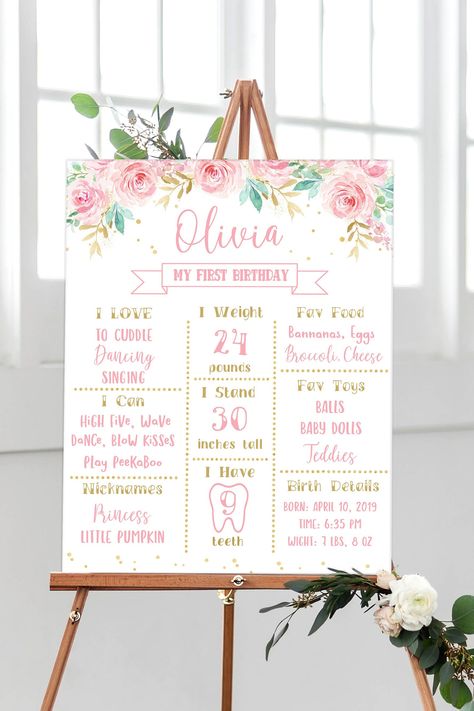 First Birthday Decorations Girl, Pink And Gold First Birthday, Floral 1st Birthday, First Birthday Posters, 1st Birthday Girl Decorations, 1st Birthday Party For Girls, Gold First Birthday, Birthday Milestone, Milestone Poster