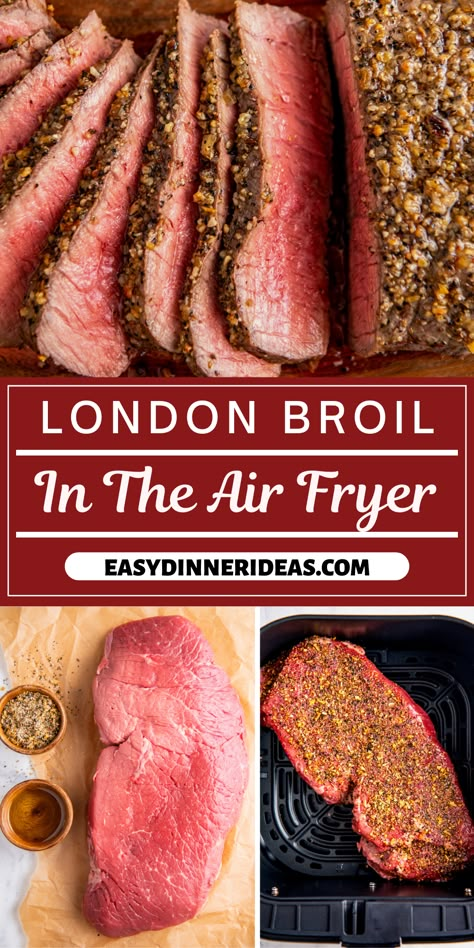 We've discovered the best way to cook steak in your house! This Air Fryer London Broil is mess-free and ready in less than 20 minutes. You don't even need to marinate it. The steak comes out perfectly juicy and tender every time. It's just as good as if you cooked it on the grill - maybe even better! Airfry London Broil, Air Fried London Broil, Air Fryer London Broil Steak, London Broil In The Air Fryer, Angus London Broil Recipes, London Broil Ninja Foodi, Healthy London Broil Recipes, Ways To Cook London Broil, Air Fryer Top Round Steak