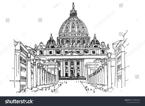 St Peters Basilica Drawing Perspective, St Peter's Basilica Sketch, St Peters Basilica, St Peters, Vector Sketch, 3d Drawings, Rome Italy, Daily News, Royalty Free Photos