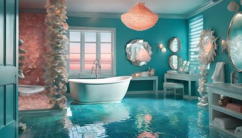 Immerse yourself in your own underwater kingdom with these enchanting mermaid bathroom decor ideas. Submerge your shower in mermaid-themed curtains for an instant splash of the ocean. Step onto soft, mermaid tail bath mats that transport you to a sea fantasy. Adorn your walls with ocean-inspired art, and let seashell soap dispensers and coral and turquoise towels infuse your space with mermaid magic. Illuminate your bathroom with underwater scene lighting, and don't forget the... Underwater Bathroom Theme, Mermaid Bathroom Ideas, Scandi Office, Under The Sea Bathroom, Seashell Soap, Kitchen Tile Inspiration, Nautical Mirror, Underwater Kingdom, Rustic Industrial Kitchen