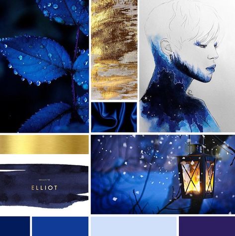 Blue and gold mood board for a serene yet luxury feel. Blue And Gold Mood Board, Blue Wedding Mood Board, Blue Wedding Dress Royal, Blue Interior Design, Custom Brand Design, Nightclub Design, Blue Board, Social Media Management Services, Fashion Illustrations Techniques