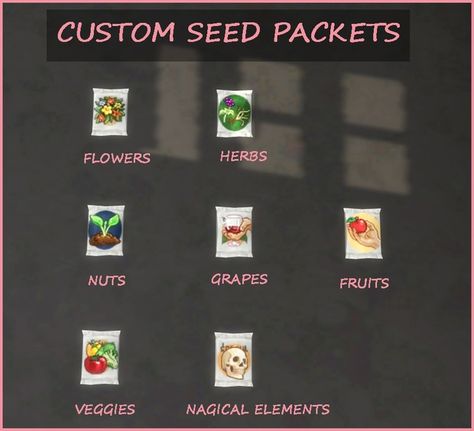 CUSTOM SEED PACKETS | icemunmun on Patreon Toddler Menu, Flower Seed Packets, Custom Seed Packets, Grape Nuts, Sencha Tea, Fruit And Veggie, Flower Seeds Packets, Seed Packaging, Sims 4 Game Mods