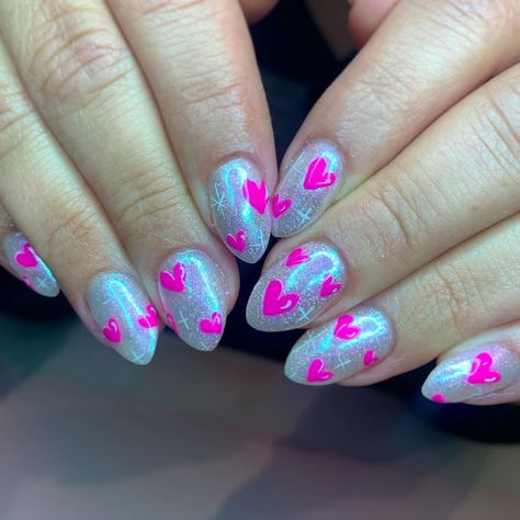 Mia on Instagram: “Scattered hearts on a glitter chrome base for Alejandra 💕 #nails #nailart #valentinesnails #glitternails #heartnails” Sparkly Heart Nails, Chrome Valentine Nails, Glitter Heart Nails, I Nails, Barbie Nails, Pick A Color, Valentine Nails, Nails And Toes, S Nails