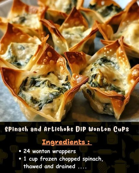 Ingredients: 24 wonton wrappers 1 cup frozen chopped spinach, thawed and drained 1 cup canned artichoke hearts, finely chopped... Spinach Wonton Cups, Appetizer Recipes Wonton Cups, Wonton Dinner Ideas, Spinach Artichoke Wonton Cups, Stuffed Wontons Appetizers, Won Ton Wrapper Recipes, Wonton Appetizer Recipes, Wonton Cups Appetizers, Canned Artichoke